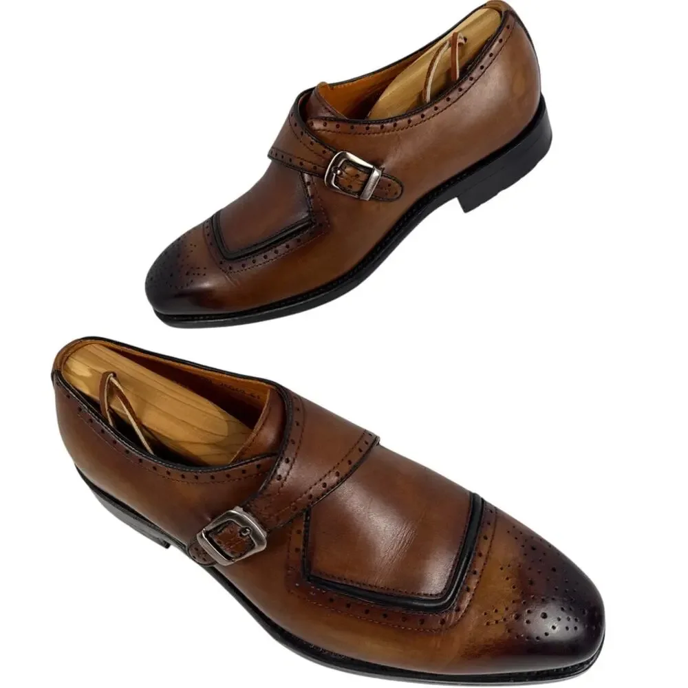 Speroni Monk Strap Dress Shoes Mens 7 7.5‎ Italian Cognac Leather Brogue Cap Toe